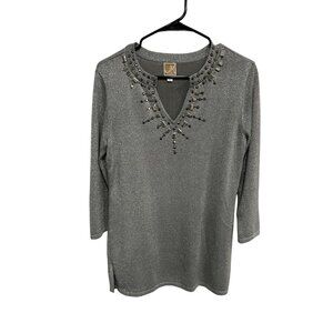 JM Collection Metallic Gray Beaded V-Neck Top Size S Glam Formal Party Holiday